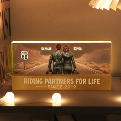 Personalized Block LED Light Plaque with Biker Couple Back View on Route 66, Warm Glow Bedroom Decor, Unique Gift for Couple