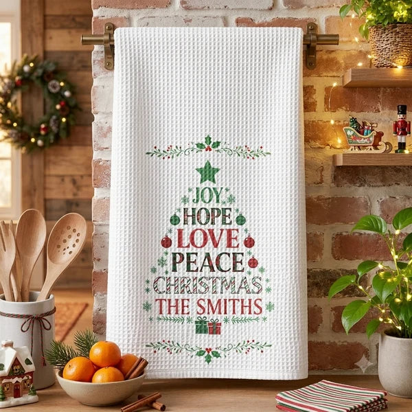 Joy Hope Love Peace Personalized Kitchen Towel, Creative Christmas Gift for Mom and Family