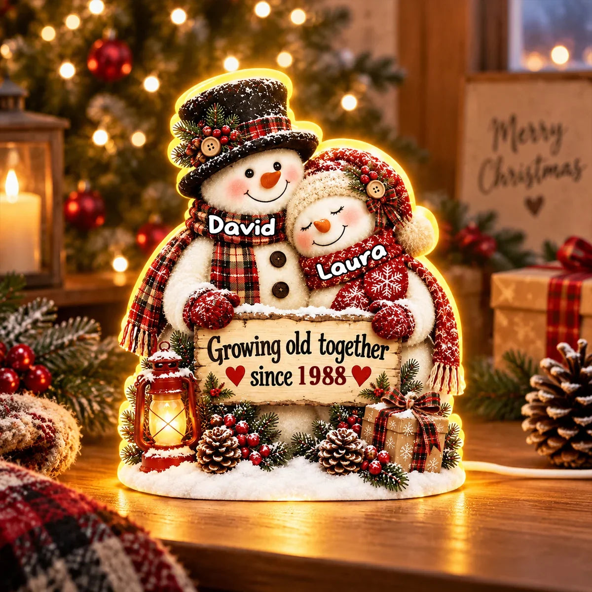 Growing Old Together Acrylic Light Box, Personalized Hugging Snowman Couple with Warm Glow, Creative Gift for Husband or Wife