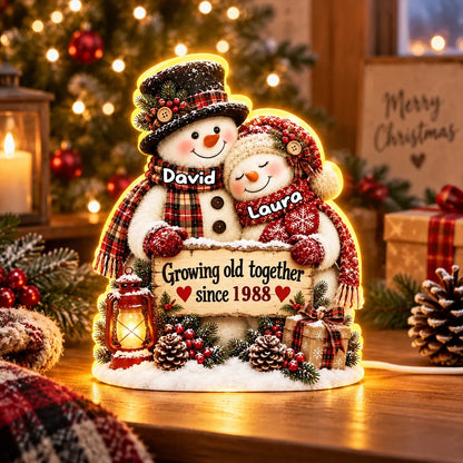Growing Old Together Acrylic Light Box, Personalized Hugging Snowman Couple with Warm Glow, Creative Gift for Husband or Wife