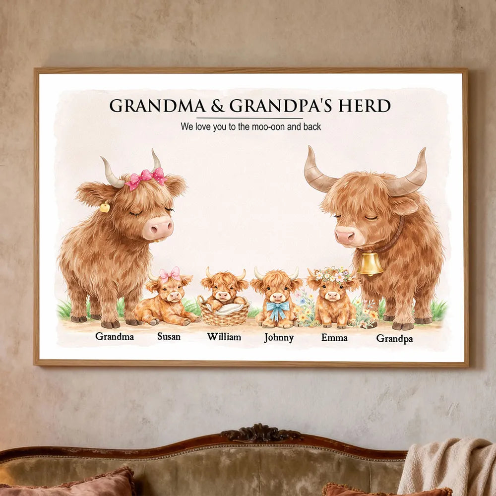 Personalized Highland Cow Family Poster, Grandma & Grandpa's Herd Wall Art, Unique Gift for Grandparents