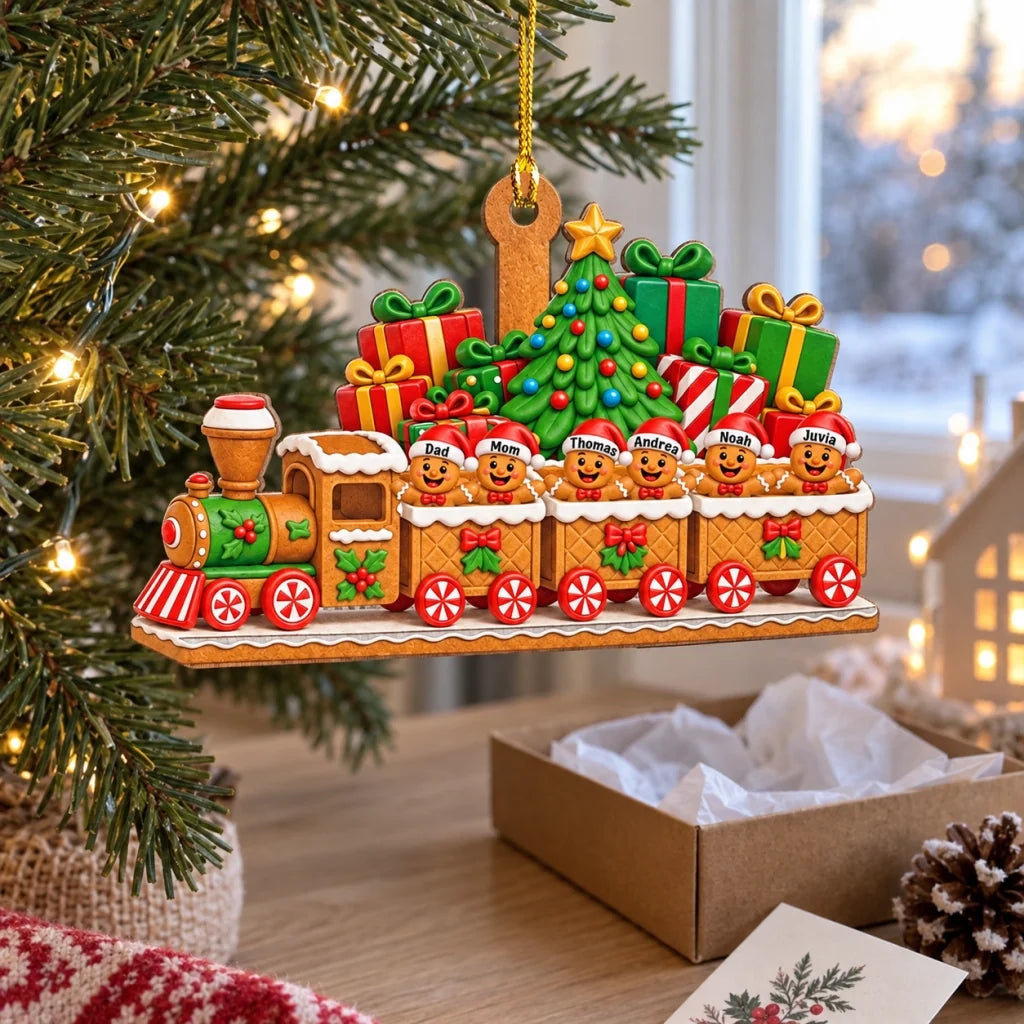 Personalized Acrylic Ornament, Gingerbread Family Riding a Colorful Train, Unique Christmas Gift for Family