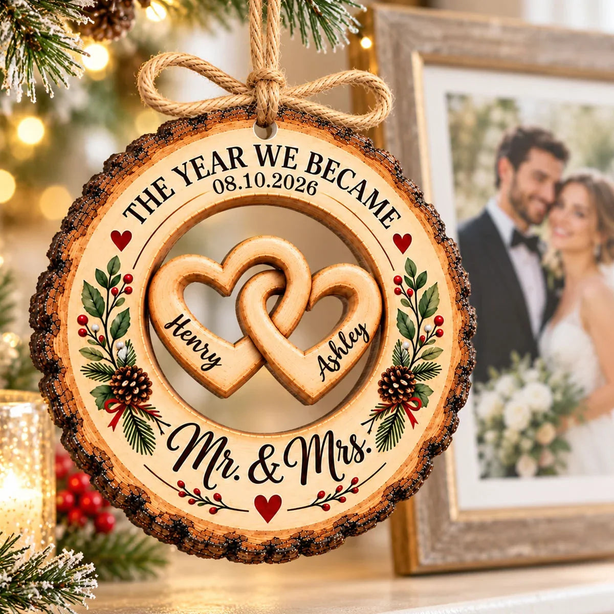 Personalized Wooden Ornament, The Year We Became Mr & Mrs, Warm Wedding Keepsake, Creative Gift for Newlyweds