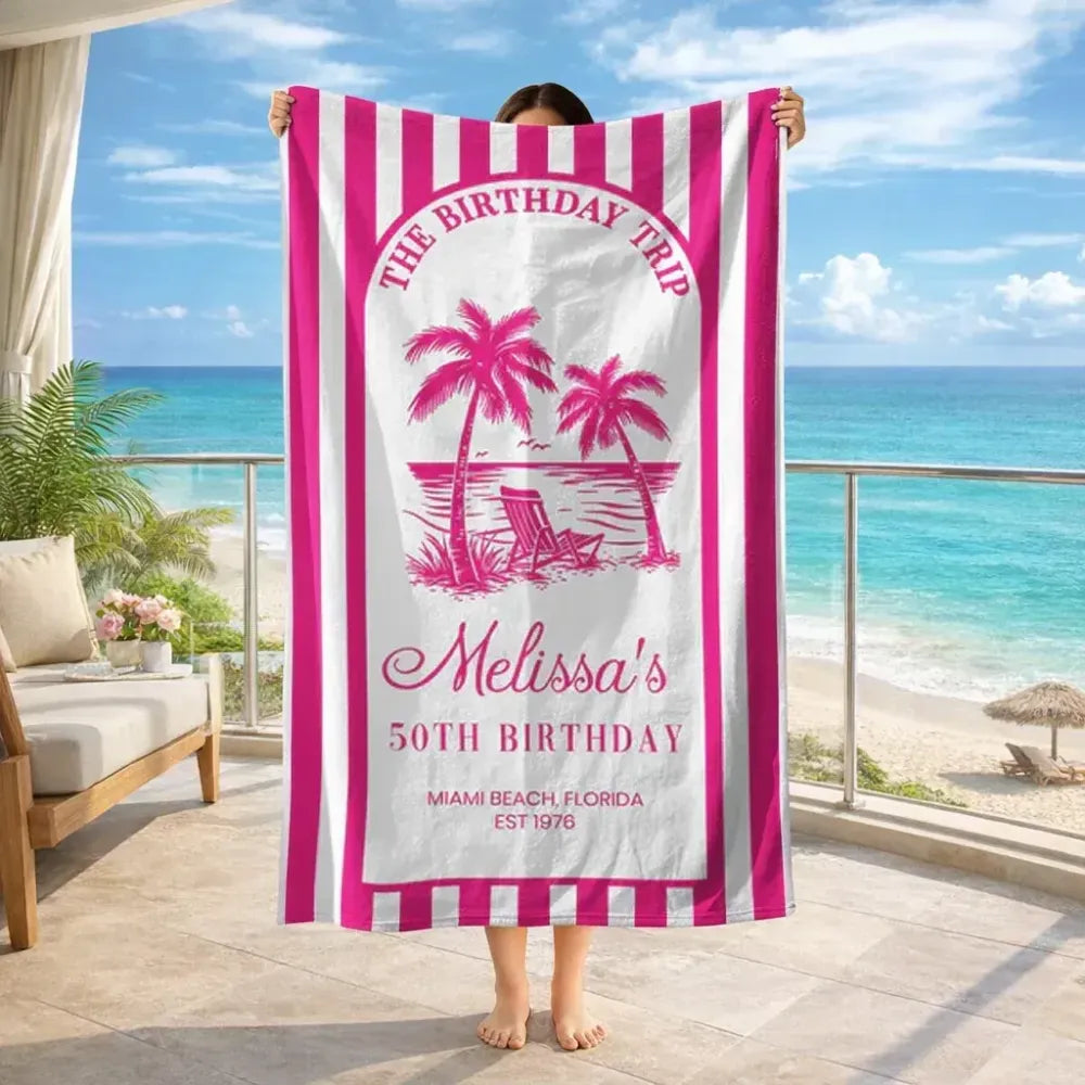 Custom Beach Towel with Pink Tropical Palms, Vacation Vibe for Beach Trip or Cruise, Thoughtful Birthday Gift