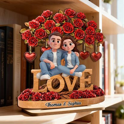 Personalized 2-Layer Wooden Plaque Couple on LOVE Bench with Rose Tree and Hearts, Unique Valentine's Day Gift