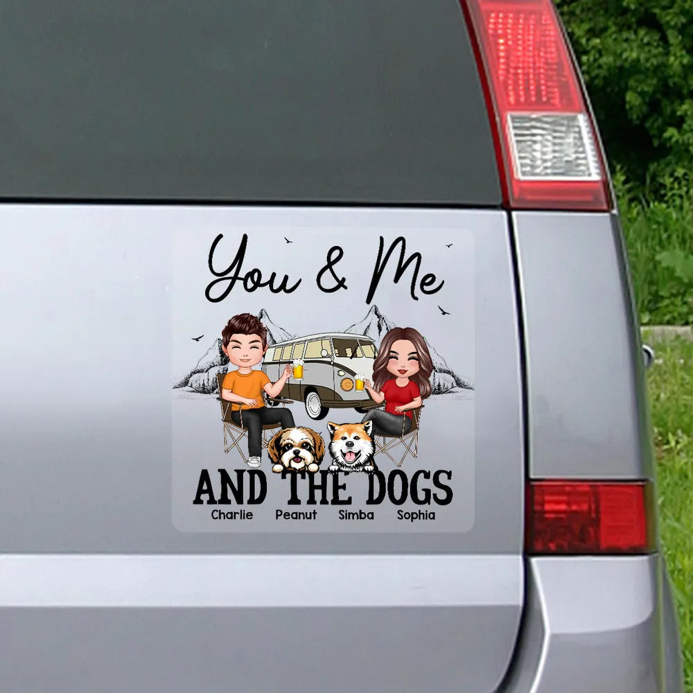 You & Me and the Dogs Sticker Decal, Custom Cartoon Camping Scene, Creative Gift for Couples
