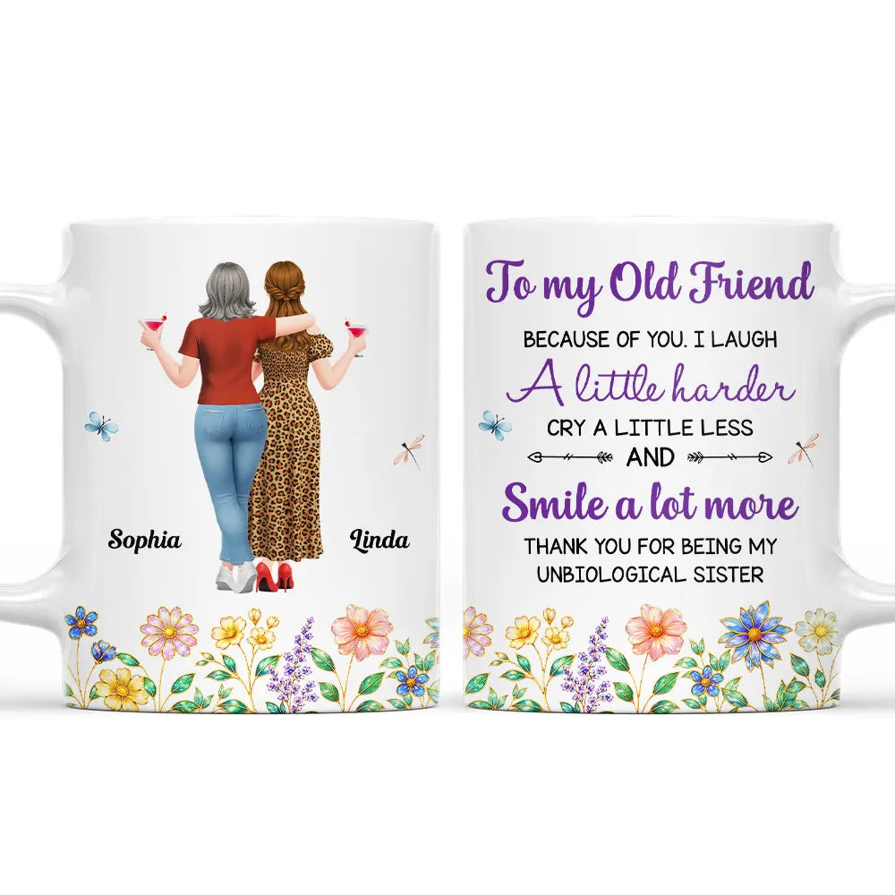 Personalized White Ceramic Mug With Old Friends & Floral Art, Unique Gift For Sister Friend