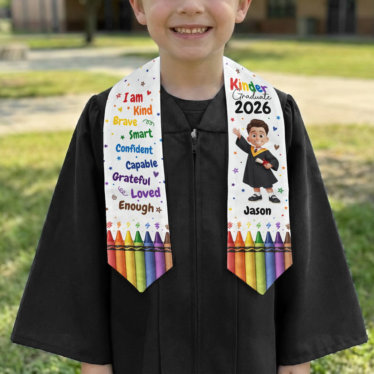 Personalized Polyester Satin Stole for Kinder Graduate With Affirmations and Crayon Rainbow, Unique Graduation Gift