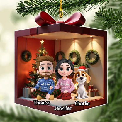 Festive Acrylic Ornament Featuring Family & Dog Under Christmas Tree – Ideal Holiday Gift