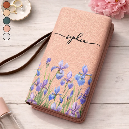 Blooming In Love Personalized Tri-Fold PU Leather Wristlet Wallet, Soft Pink Iris Wristlet, Thoughtful Gift for Her