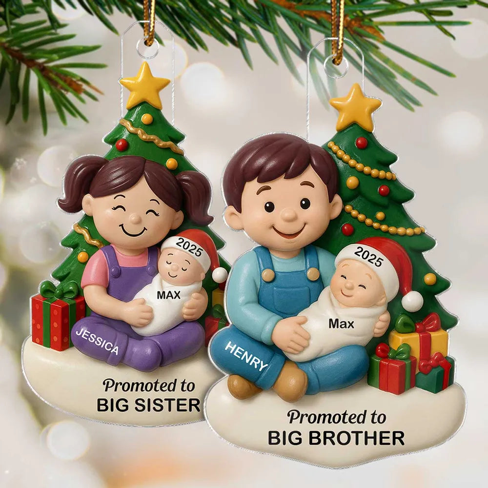 Personalized Acrylic Ornament, Big Sister or Big Brother Holding a New Baby by a Christmas Tree, Unique Sibling Gift