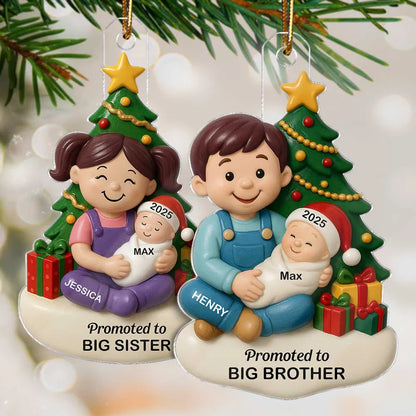 Personalized Acrylic Ornament, Big Sister or Big Brother Holding a New Baby by a Christmas Tree, Unique Sibling Gift