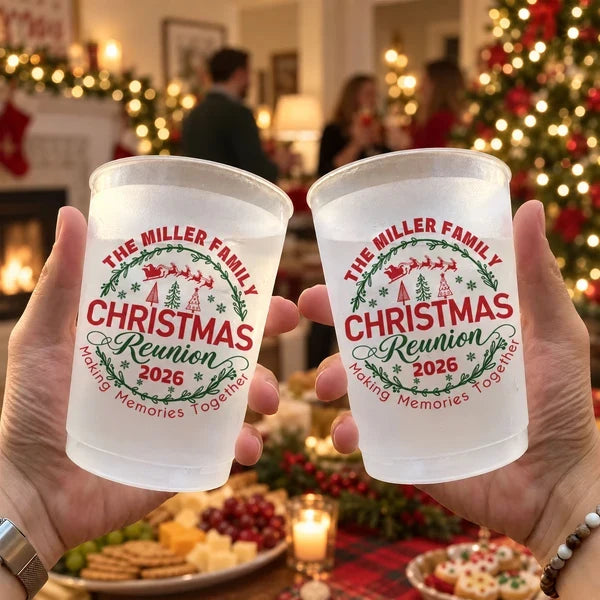 Custom Frosted Plastic Cup, Cozy Tree-Lit Family Gathering, Creative Christmas Gift