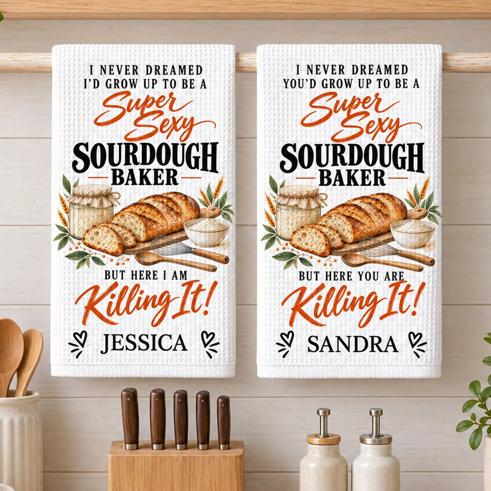 Personalized Sourdough Baker Kitchen Towel with Bread Artwork and Funny Quote, Creative Gift for Home Bakers