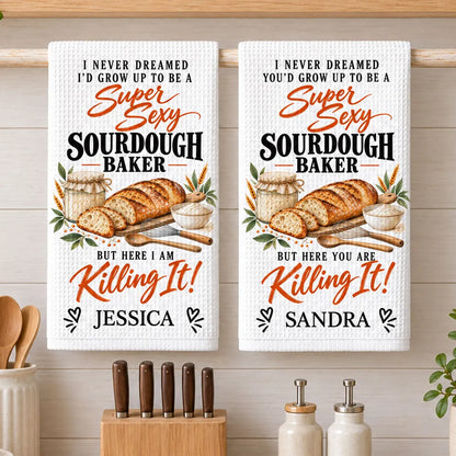 Personalized Sourdough Baker Kitchen Towel with Bread Artwork and Funny Quote, Creative Gift for Home Bakers