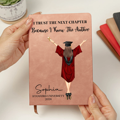 Graduation Leather Journal Personalized Gift, Cap and Gown Illustration, A Heartwarming Next Chapter Keepsake