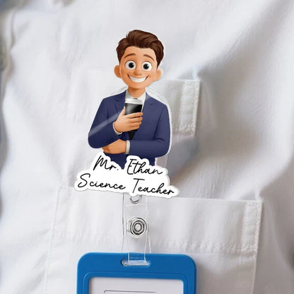 Personalized Acrylic Badge Reel, Colorful Cartoon Professional Holding Coffee, Unique Gift for Teachers and Coworkers