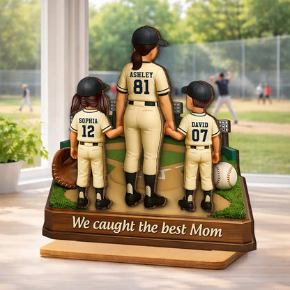Personalized 2-Layer Wooden Plaque Baseball Mom with Kids Holding Hands, We Caught The Best Mom, Unique Gift for Mom