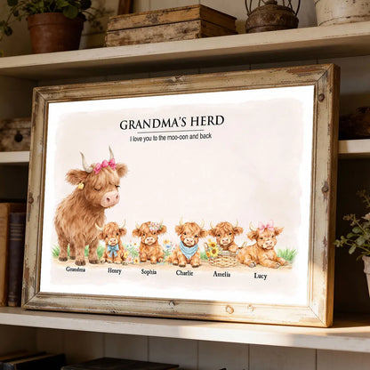 Personalized Highland Cow Family Poster, Grandma & Grandpa's Herd Wall Art, Unique Gift for Grandparents