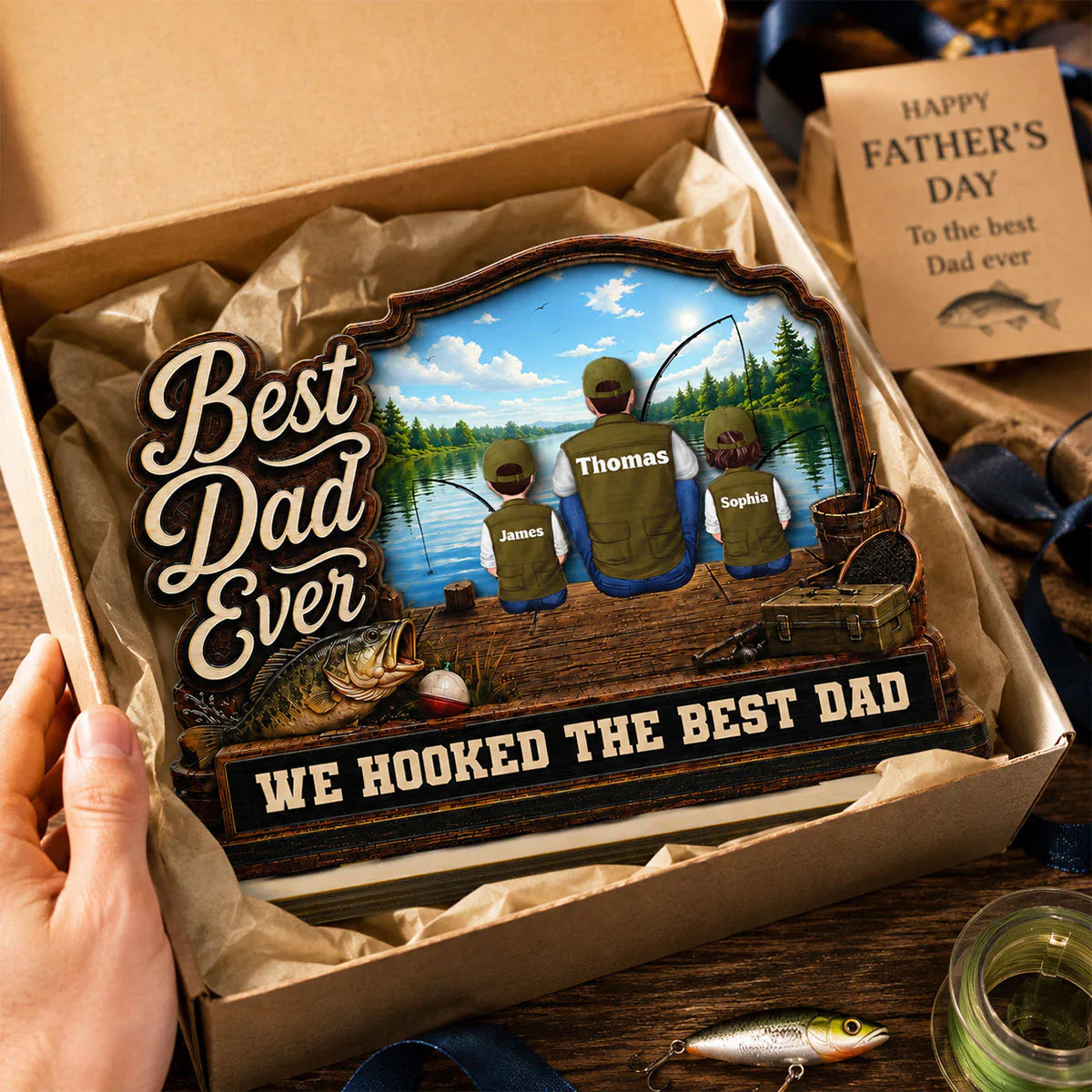 Best Dad Ever 2-Layer Wooden Plaque, Custom Fishing Lake Scene, Creative Gift for Papa