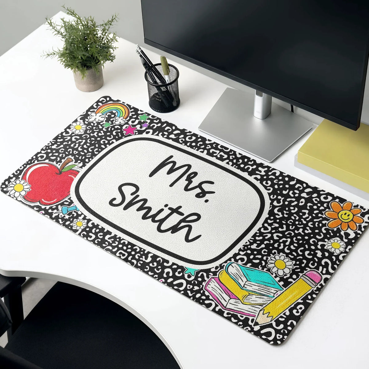 Personalized Leather Desk Mat with Pencil & Daisy Design, Unique Creative Teacher Gift for Classroom Desk