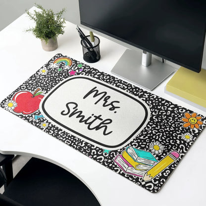 Personalized Leather Desk Mat with Pencil & Daisy Design, Unique Creative Teacher Gift for Classroom Desk