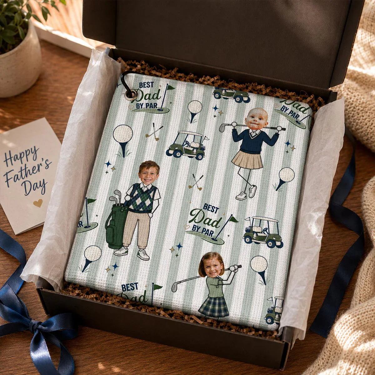Custom Waffle Weave Golf Towel with Family Golf Art, Creative Gift for Dad's Golf Bag