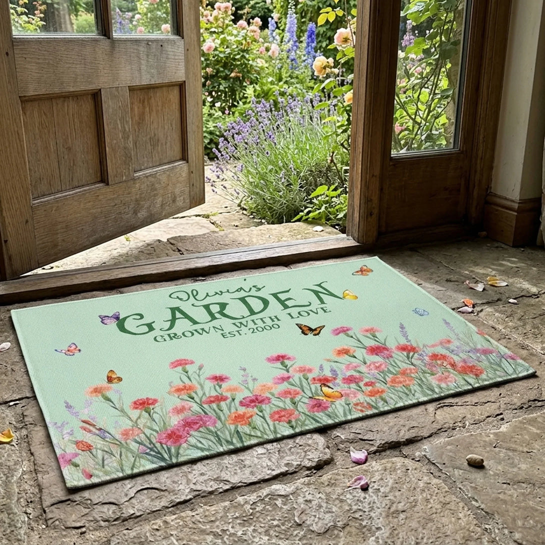 Personalized Standard Doormat with Garden Blooms & Butterflies, Unique ...