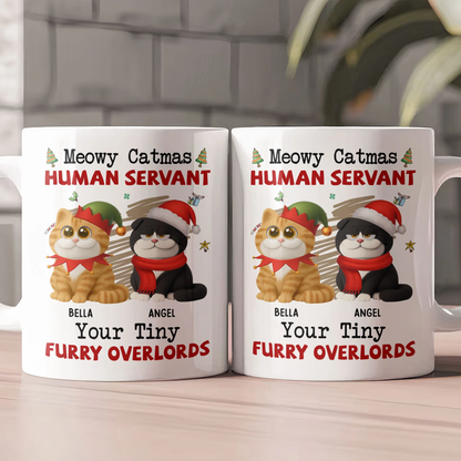 Personalized White Ceramic Mug for Cat Lovers – Meowy Catmas Tiny Furry Overlords Design – Funny Custom Gift for Your Human Servant