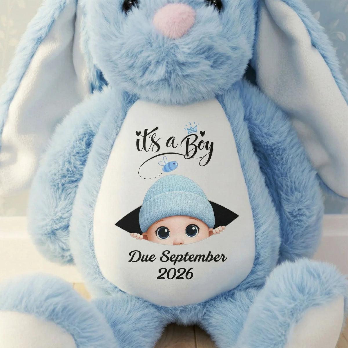 Personalized Plush Bunny Baby Announcement Gift, Pink It's a Girl Design, Unique Surprise Gift for Grandma & Grandpa
