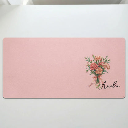 Personalized Birth Flower Leather Desk Mat, Purple Daisy Workspace Decor, Unique Gift for Her