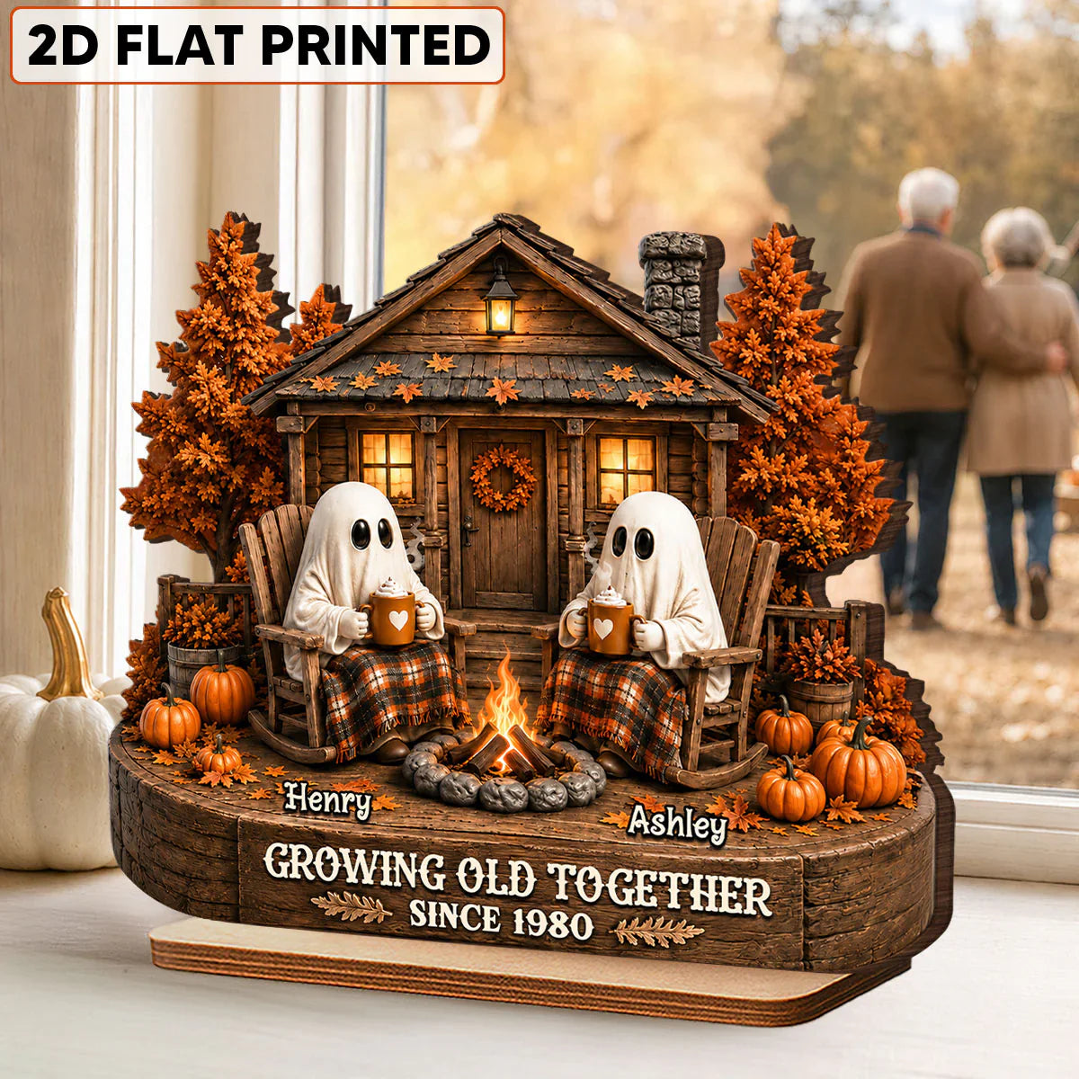Personalized 2-Layer Wooden Plaque, Ghost Couple by Campfire, Unique Halloween Gift for Couples
