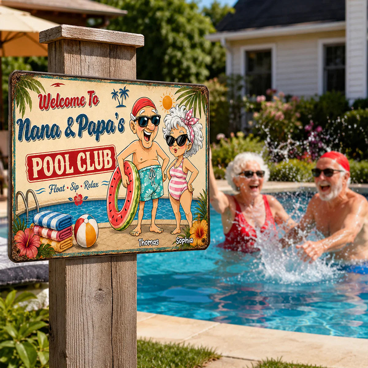 Personalized Rectangular Iron Sign, Poolside Couple Cartoon, Creative Gift for Pool Loving Couples