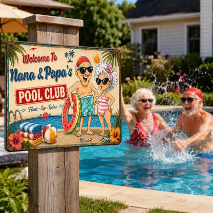 Personalized Rectangular Iron Sign, Poolside Couple Cartoon, Creative Gift for Pool Loving Couples