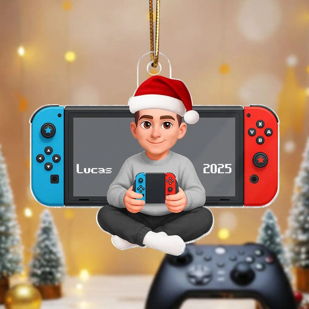 Personalized Acrylic Ornament with Cute Gamer Child Holding Console, Unique Christmas Gift for Son