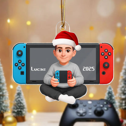 Personalized Acrylic Ornament with Cute Gamer Child Holding Console, Unique Christmas Gift for Son