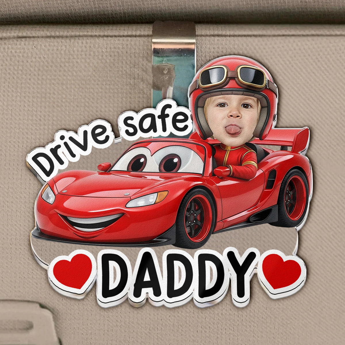 Personalized Acrylic Car Visor Clip with Kid or Pet Face Racing Car, Drive Safe Unique Gift for Dad