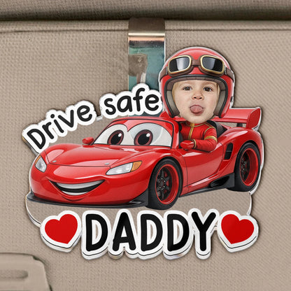 Personalized Acrylic Car Visor Clip with Kid or Pet Face Racing Car, Drive Safe Unique Gift for Dad