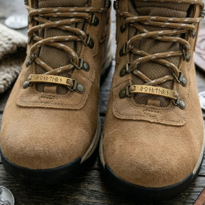 Personalized Stainless Steel Shoe Tag with Rune Style, Rustic Brown Hiking Shoe Accent, Unique Gift for Him