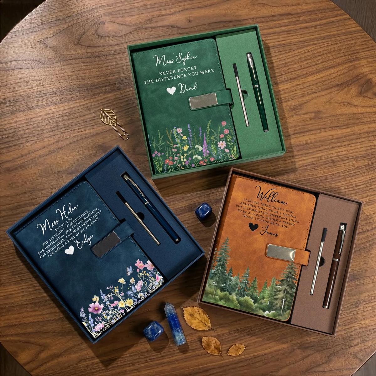 Personalized Metal Buckle Notebook Set with Thank You Quote, Forest Watercolor Design, Unique Gift for Teacher Boss or Coworker