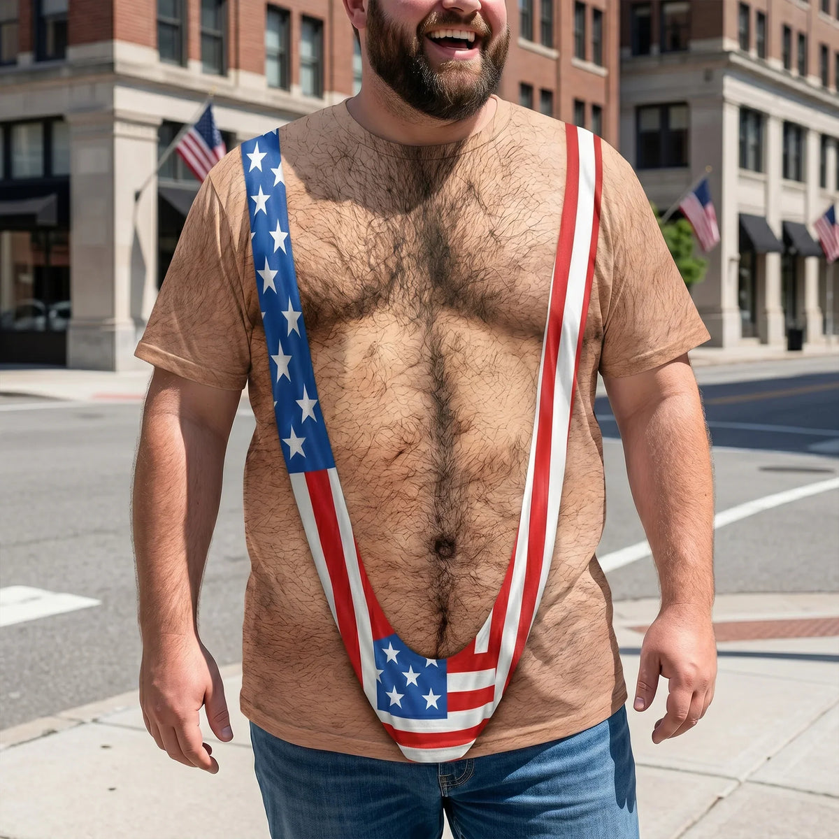 Printed Classic Tee, Patriotic Hairy Body Illusion, Laughing Man Outdoor Party, Unique Gift for Dad