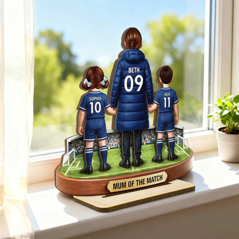 Personalized 2-Layer Wooden Plaque Soccer Mom and Kids Holding Hands Field Scene, Mum of the Match Unique Gift