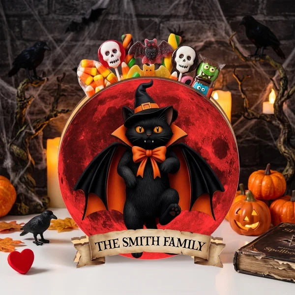 Personalized Wooden Pen Holder, Vampire Black Cat and Red Moon Halloween Decor, Unique Gift for Cat Lovers