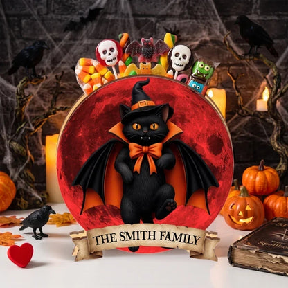Personalized Wooden Pen Holder, Vampire Black Cat and Red Moon Halloween Decor, Unique Gift for Cat Lovers