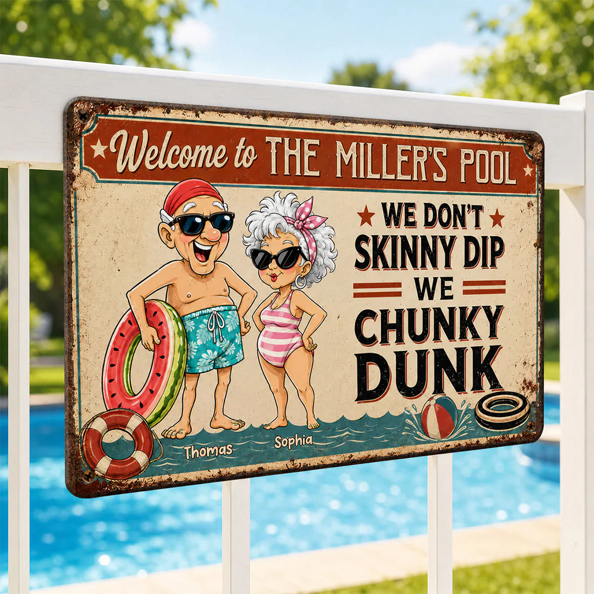 Personalized Rectangular Iron Sign, Vintage Chunky Dunk Pool Decor with Smiling Swimmers, Unique Gift for Pool Owners