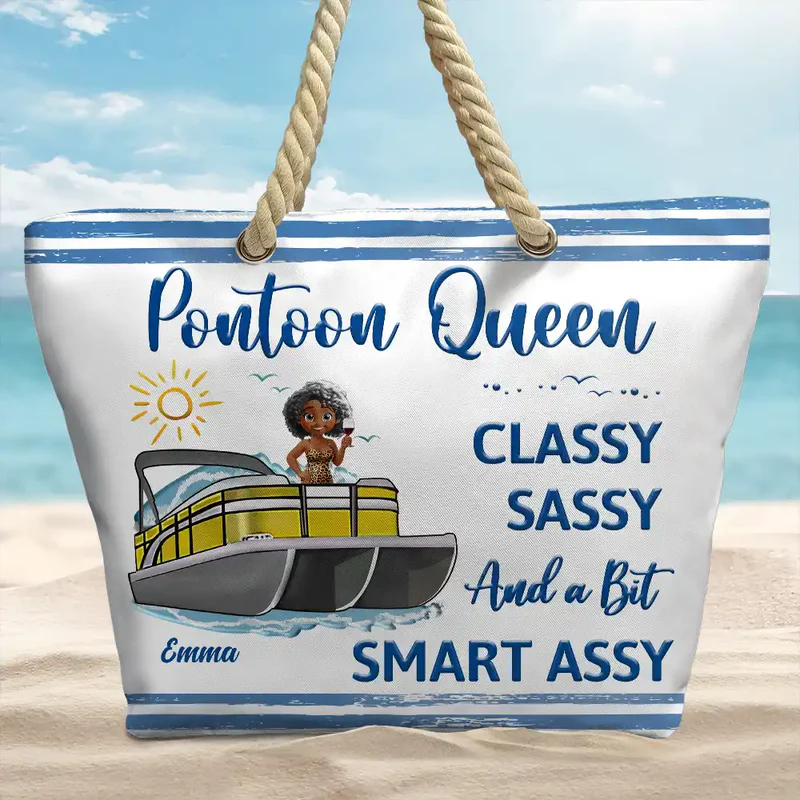 Pontoon Queen Rope Handle Canvas Bag, Personalized Boat Babe Cartoon Design, Fun Unique Gift for Lake Weekends