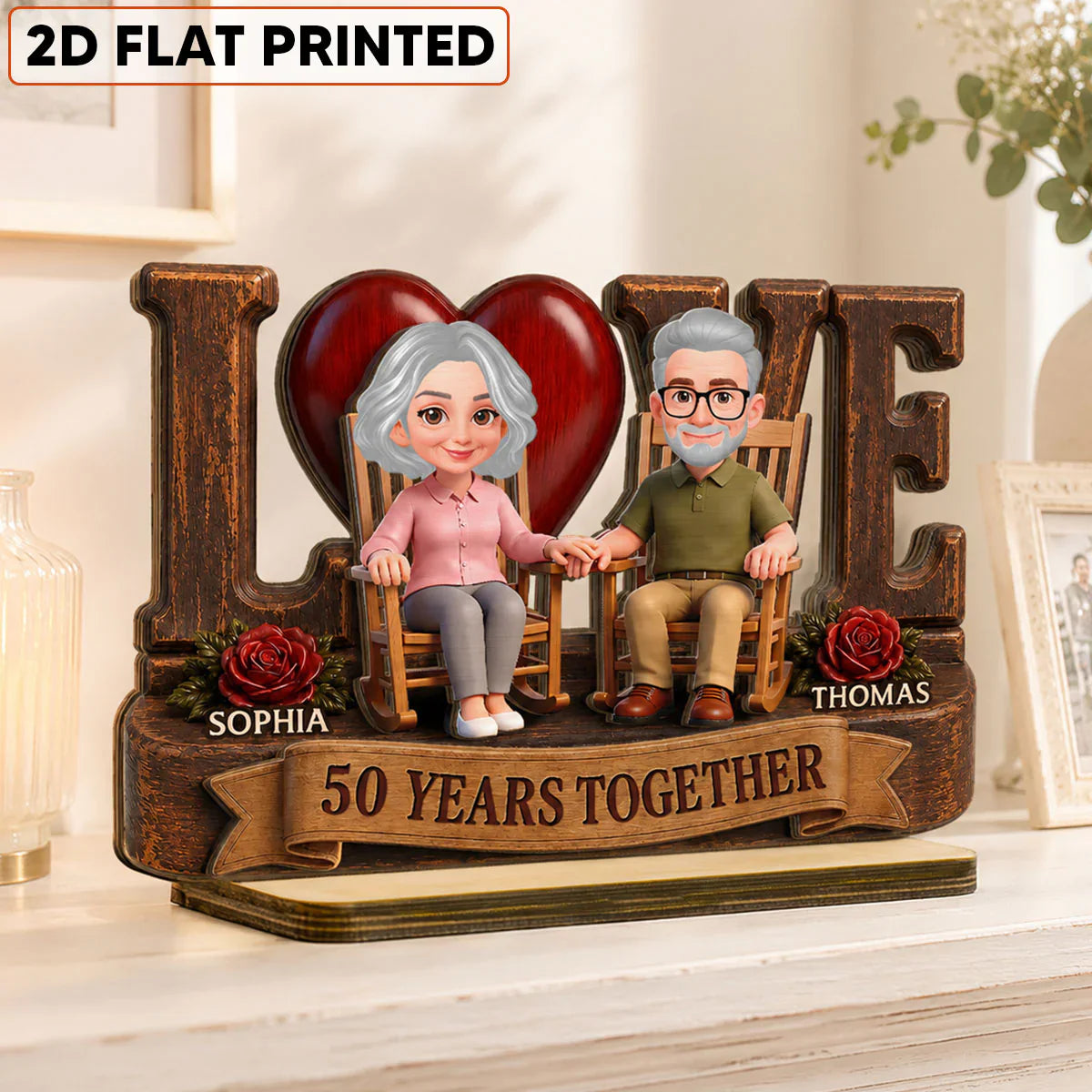 Personalized 2-Layer Wooden Plaque, Senior Couple Holding Hands, Unique Anniversary Gift