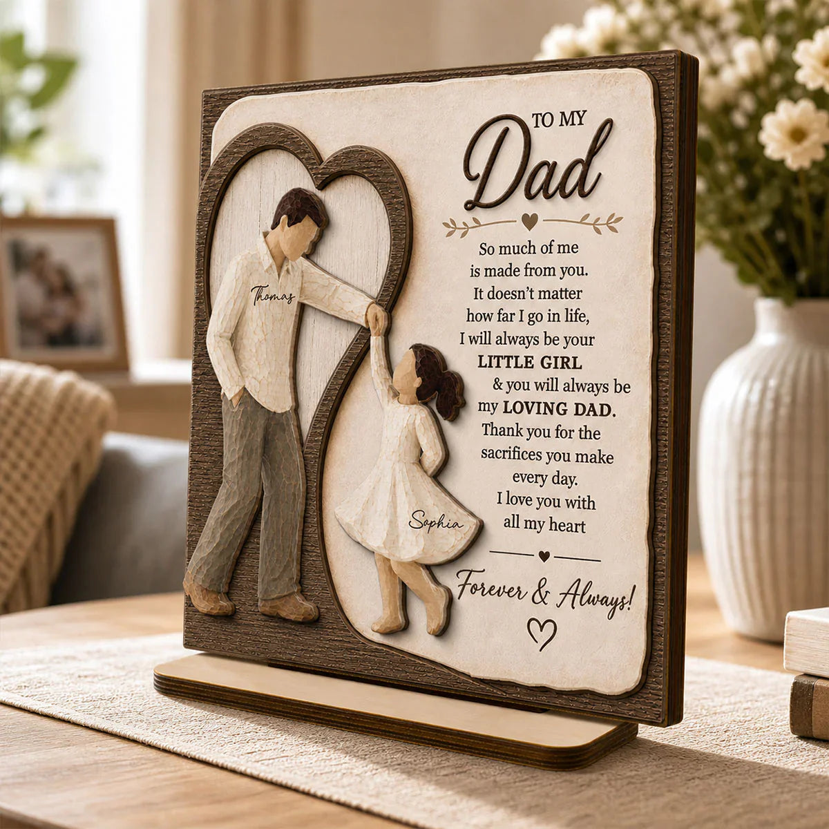 Personalized 2-Layer Wooden Plaque for Dad, Father & Daughter Holding Hands, Unique Gift From Daughter