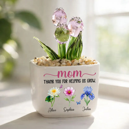 Personalized Square Glass Planter with Purple Tulips, Thank You for Helping Us Grow, Unique Gift for Mom