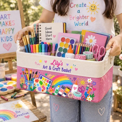 Cotton Linen Rope Basket, Child Holding Colorful Art Supplies, Personalized Creative Gift for Young Artists